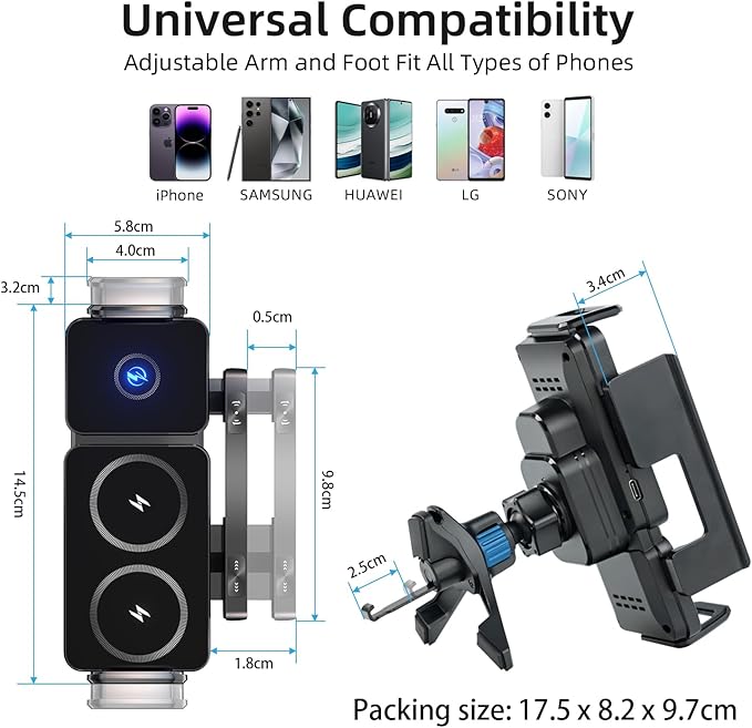 Car Phone Holder, Ultra Stable Dashboard Air Vent Cell Phone Car Mount, 15 Watt Dual Coil Fast Charger, Rotating Charger Car Phone Mount, for Smartphones