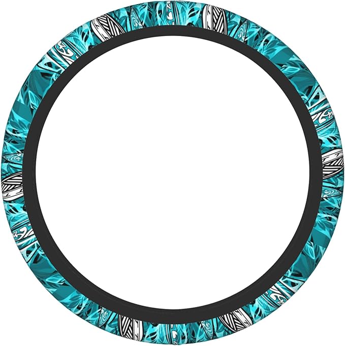 Hawaiian Teal Ocean Tribal Car Steering Wheel Cover for Women Men Stretch Cloth Anti-Slip Wrap Protector Case Fit Universal Auto Accessories Decor Sweat Absorption 14-15 Inch