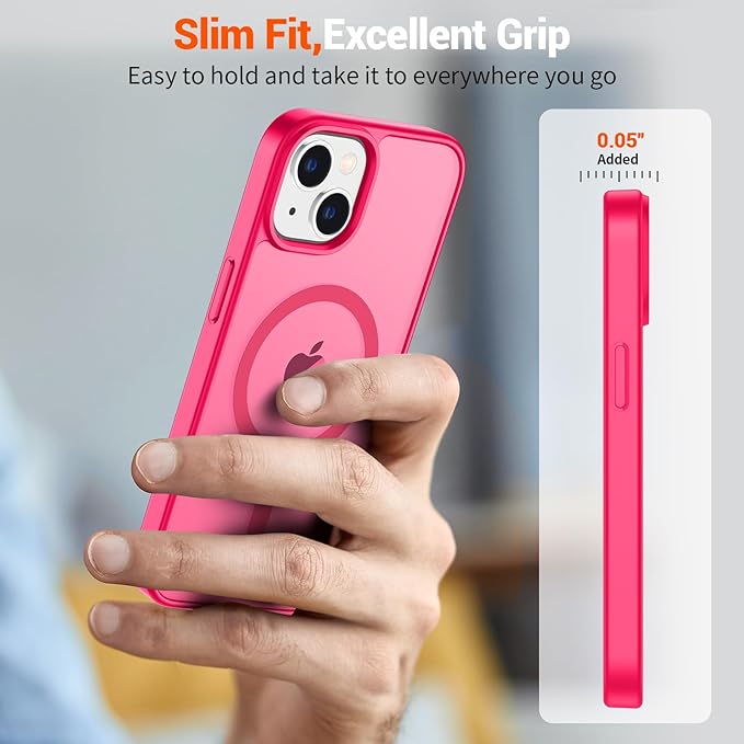 SUPFINE Magnetic for iPhone 14 Case & iPhone 13 Case (Compatible with MagSafe) (Military Grade Drop Protection) Slim Translucent Matte Shockproof Phone Cover,Hot Pink