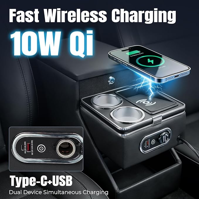 Vehicle Center Console Organizer with 7-Color Ambient Light & 10W Wireless Charging - Lockable Storage & Dual Cup Holders for Minivans, SUVs & Vans 10.24 inch Wide