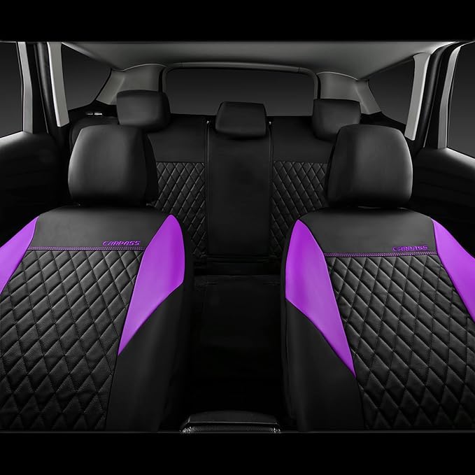 CAR PASS Purple Leather Seat Covers, Quilting Pretty Car Seat Cover with 5mm Composite Sponge Inside,Airbag Compatible,Universal Fit for Most Sedan SUV Van Truck (Full Set,Purple)