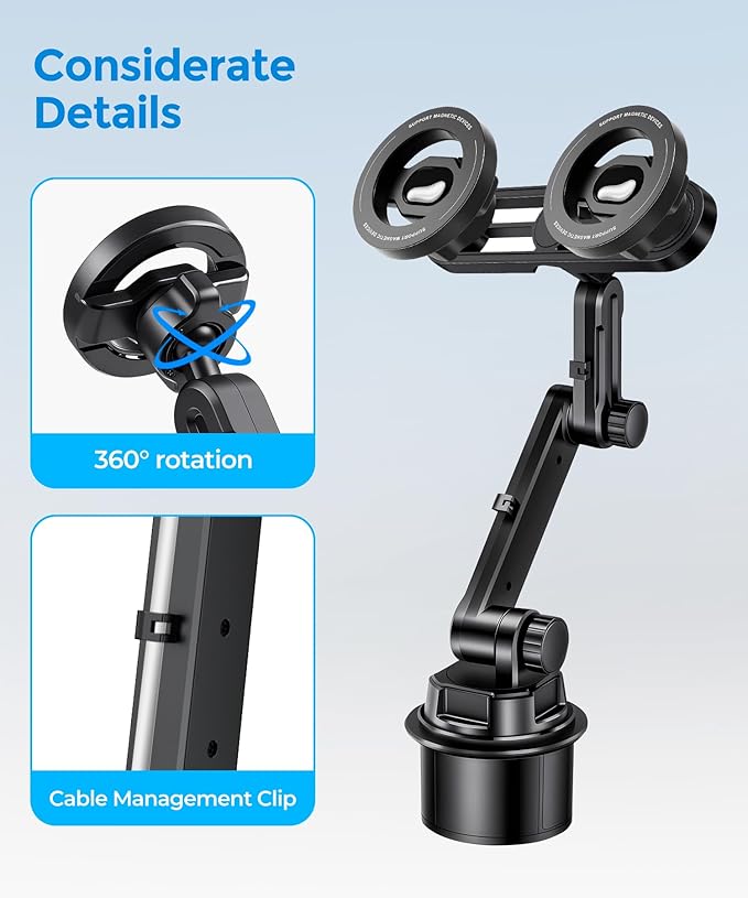 Dual Car Cup Phone Holder - Holds 2 Phones Simultaneously, 1-Second Grab & Release, 360° Rotatable, car Phone Mount Compatible with MagSafe,Fits iPhone/Samsung & 4.0-7.0 Inch Smartphones