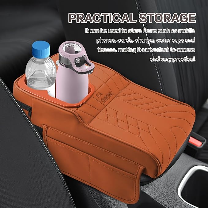 Car Center Console Armrest Pillow, 13.4"×7.5"×2" Leather Auto Arm Rest Cover with Pocket & Tissue Box & Cup Holder, Multifunctional Vehicle Armrest Cushion Pad, Car Accessories (Orange)