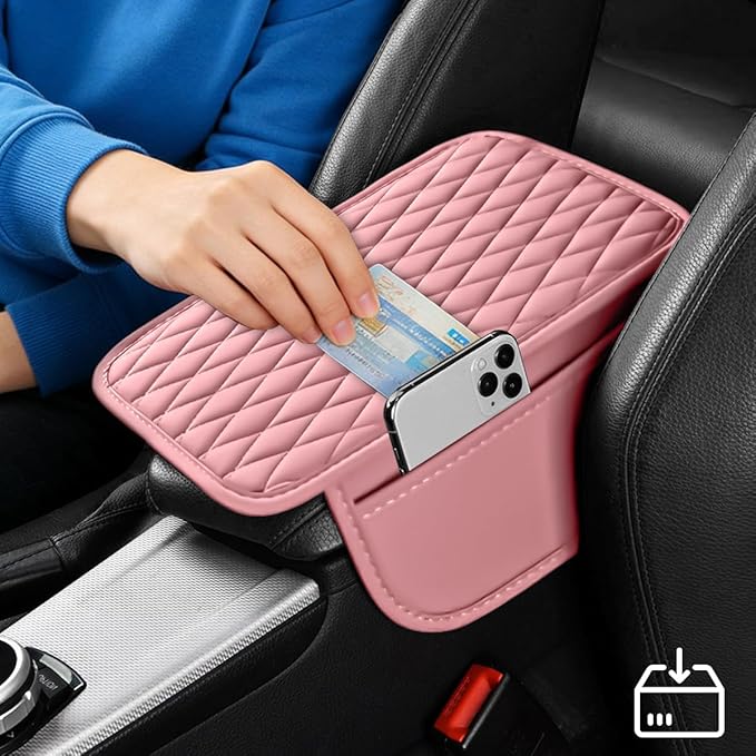 Car Armrest Cushion Pad, Leather Vehicle Center Console Cover with 2 Storage Bags, Non-Slip Automotive Interior Arm Rest Seat Box Cover Accessories, Universal for SUV RV Sedan (Pink)