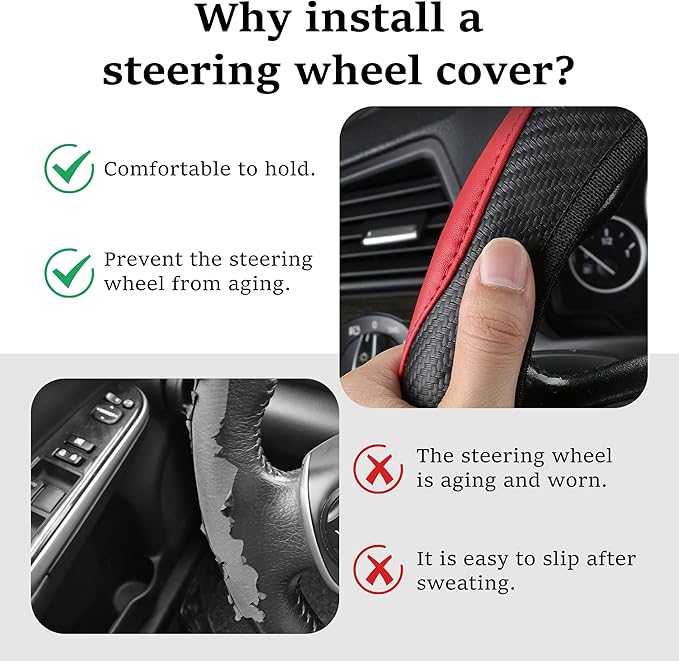 Car Steering Wheel Cover, 15 inch Carbon Fiber Microfiber Anti-Slip Breathable PU Leather Elastic Steering Wheel Protector, Car Interior Accessories for Most Cars (Red)