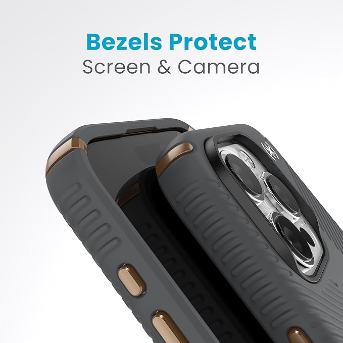 Speck iPhone 15 Pro Case - Drop Protection, Grip - Scratch Resistant, Soft Touch, 6.1 Inch Phone Case - Presidio2 Grip Charcoal Grey/Cool Bronze/White