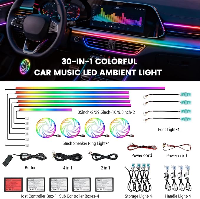Dream Color Acrylic Interior Car Ambient Light Kit, Bphuny 30 in 1 593 LEDs Fiber Optic Multiple Modes Decoration Atmosphere Lights with Music Dynamic Rainbow Rhythm, RGB Neon Lights for All Cars
