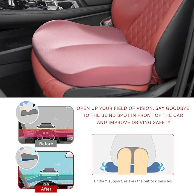 Car Seat Cushion, Ergonomic Memory Foam Auto Booster Seat Pad with Nonslip Bottom, Comfortable Vehicle Cushion for Short People Driving Fit for Sedan Truck SUV, Car Accessories (Pink)