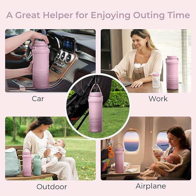 Momcozy 22oz Portable Breast Milk Cooler for Outdoor, Life Saver with 360° Total Cooling for 24 Hours, Larger Capacity Travel Breastmilk Chiller with 2pcs Baby Bottles for Breastmilk Storage, Pink
