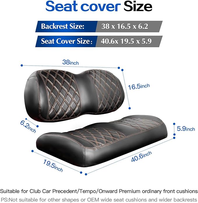 NOKINS Golf Cart P-P Diamond Leather seat Cover for it Club Car Precedent/Tempo/Onward Premium,No Stapler Required, Golf Cart Vinyl Replacement Seat Cover.Black&Brown Stitching