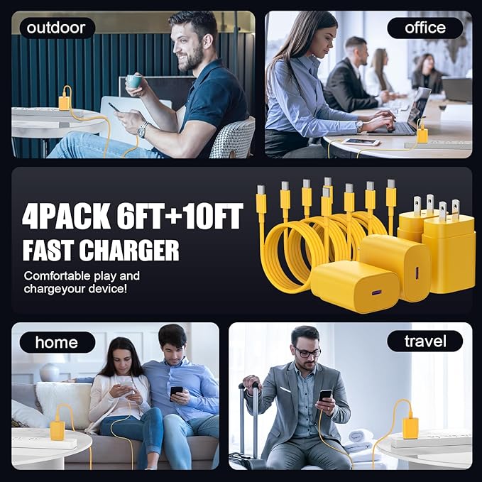 Essri Type C Charger Fast Charging for Samsung Galaxy S25/S24/S23/S22/Note 20,4Pack 25W Super USB C Fast Charger Block with (6ft+10ft) x2 Cables for iPhone 15/16 Pro Max/Plus, Android Phones-Yellow