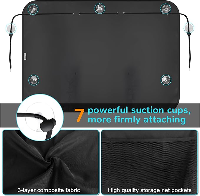 Car Sun Shade Side Window, 2 Pcs Blackout Car Window Shade for Baby Privacy with Storage Net Pockets Auto Curtains 7 Suction Cups for Heat/UV Protection Sun Block Covers