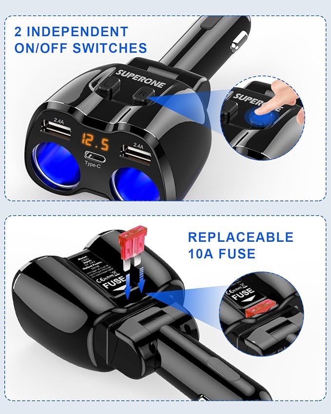 SUPERONE Upgraded Cigarette Lighter Splitter, 2 Socket Cigarette Lighter Adapter with LED Voltmeter, Dual USB A 12V and Type C 20W PD Car Charger Adapter for Mobile Cell Phone GPS Dash Cam