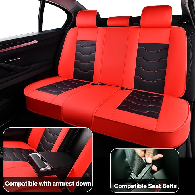 Car Seat Cover Set, Red and Black Seat Covers, Automotive Interior Accessories, Waterproof Synthetic Leather, Protect and Upgrade Your Car Interior, Fits Most Vehicles, Airbag Compatible