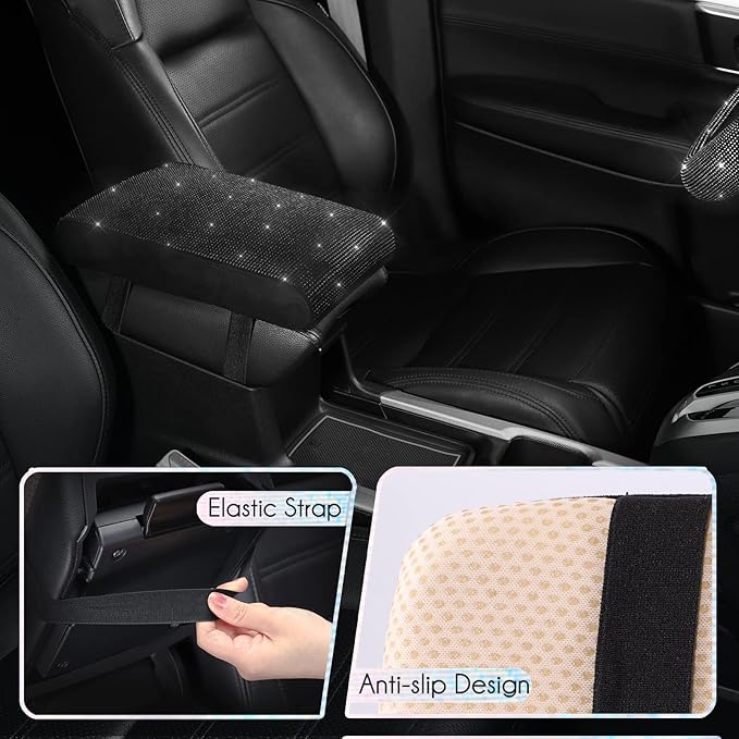 SEG Direct Diamond Auto Center Console Cover, Bling Car Armrest Cover, Memory Foam Armrest Cushion Pad with Crystal Rhinestones, Universal Seat Box Cover, Black Diamond
