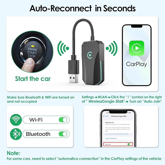 Wireless CarPlay Adapter, 2025 Upgraded Dual-Band (2.4GHz/5GHz) WiFi, Converts Wired to Wireless CarPlay, More Stable & Auto-Connect, Plug & Play for OEM Wired CarPlay Cars & iPhone iOS 10+ (Black).