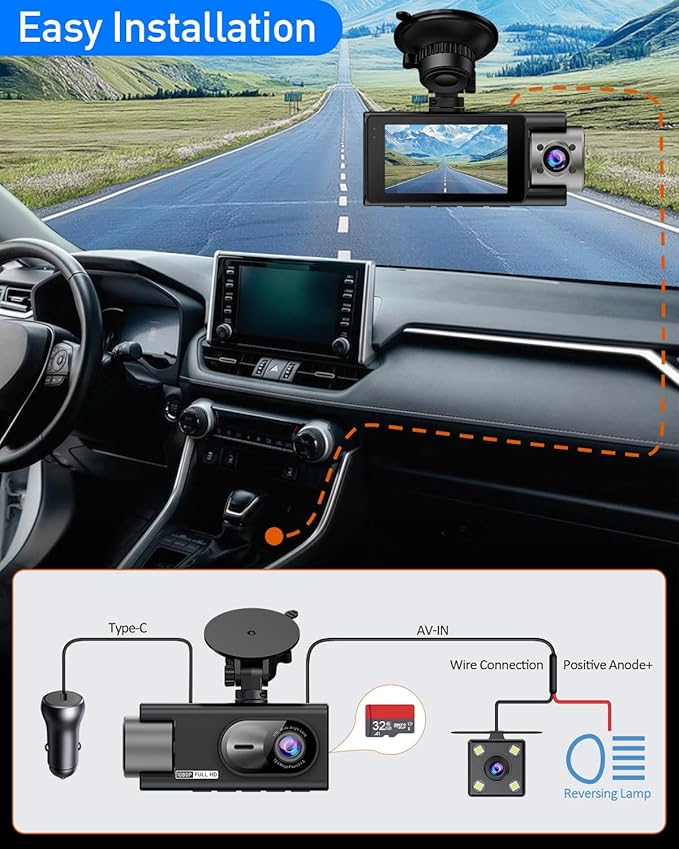 3 Channel 360 Dash Cam Front and Rear and Inside with 32G Card,1080P Dash Camera for Cars,Night Vision,3.0" IPS Screen,170° Wide Angle,Loop Recording,24H Parking Mode
