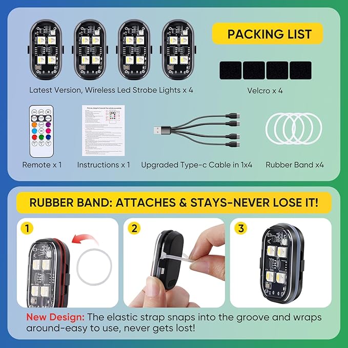 4PCS Wireless LED Lights with Remote Control, Upgraded 4LEDs 8 Colors, Interior Underglow Anti Collision Warning Strobe Light for Car Motorcycle Bike Drone Aircraft