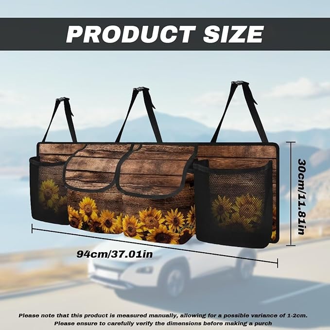 Yellow Sunflower Wood Backseat Trunk Organizer for Car Hanging Trunk Storage Bag Multipurpose Car Back Seat Organizer with Lid