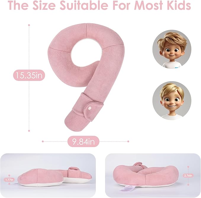 Kids Travel Neck Pillow, Toddler Travel Pillow for Car & Airplane and Head & Chin Support, Comfortably Travel Neck Pillow for Road Trip Sleeping, Gifts for Toddler/Child/Kids (Pink & Beige)