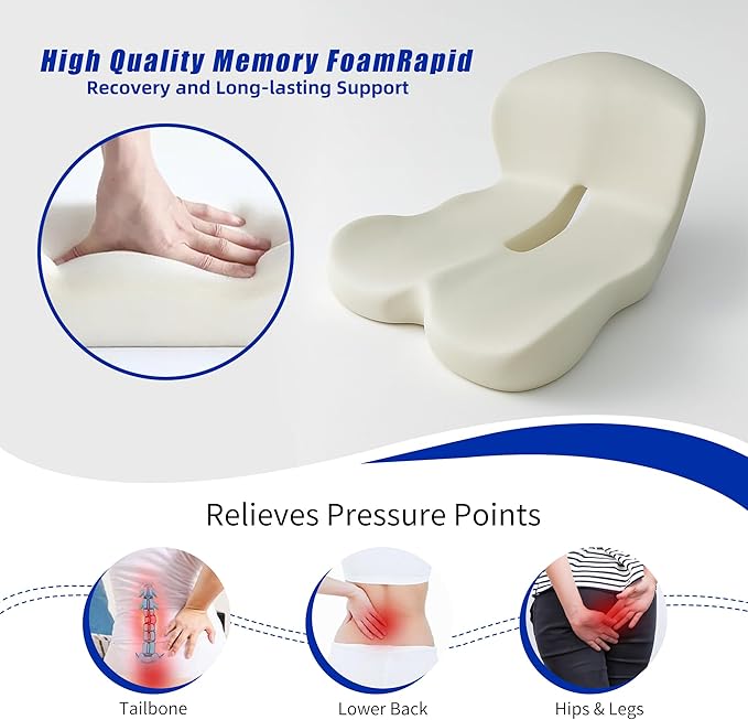 Memory Foam Car Seat Cushion Office Chair Cushion with Fixing Strap, L-Shaped Integrated Soothe Chair Seat Cushion for Lower Back Protection,Reenily Back Seat Cushion for Long Sitting Driver Office