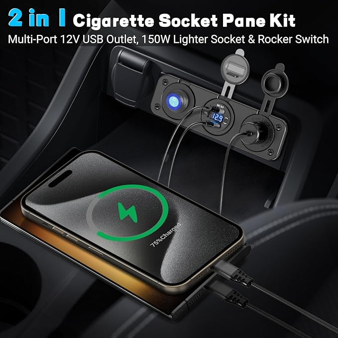 12V USB Panel Cigarette Lighter Socket with Rocker Switch: Qidoe Multiport 58W 12Volt USB Outlet with LED Voltmeter 150W Cigarette Lighter Splitter 12V Plug DC Outlet 3 in 1 Panel for Marine RV Truck