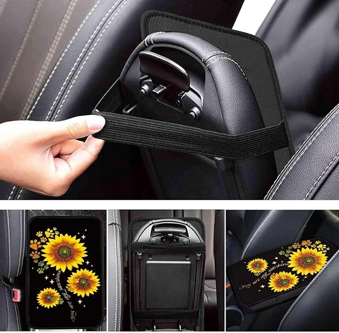 UNICEU Yellow Sunflower Dog Paw Car Armrest Pads Interior Accessories Sunflower Car Accessory Universal Fit Automotive Center Console Armrest Cushion Seat Storage Box Pads for Most Vehicle