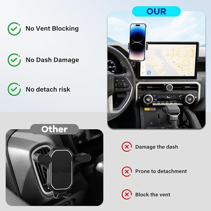 Car Phone Holder Fit for Toyota Tacoma 2024 2025/4Runner 2025 Accessories Fit 14-inch Screen, Dashboard Organizer with Cell Phone Mount Automobile Cradles Hands-Free 360 Degree Rotation