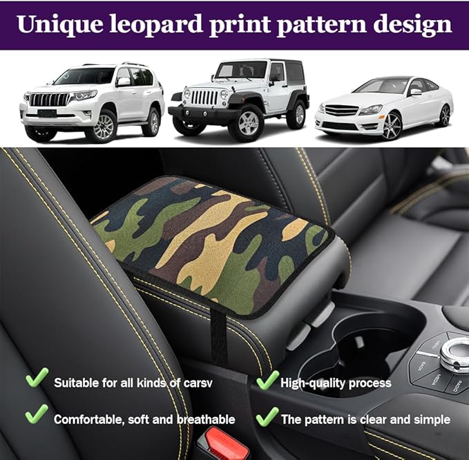 Leopard Cheetah Print African Animal Hunting Auto Center Console Armrest Pad, Car Center Console Cover, Auto Accessories Soft Comfort Armrest Cover Cushion Mat for Most Cars (Green Camouflage)