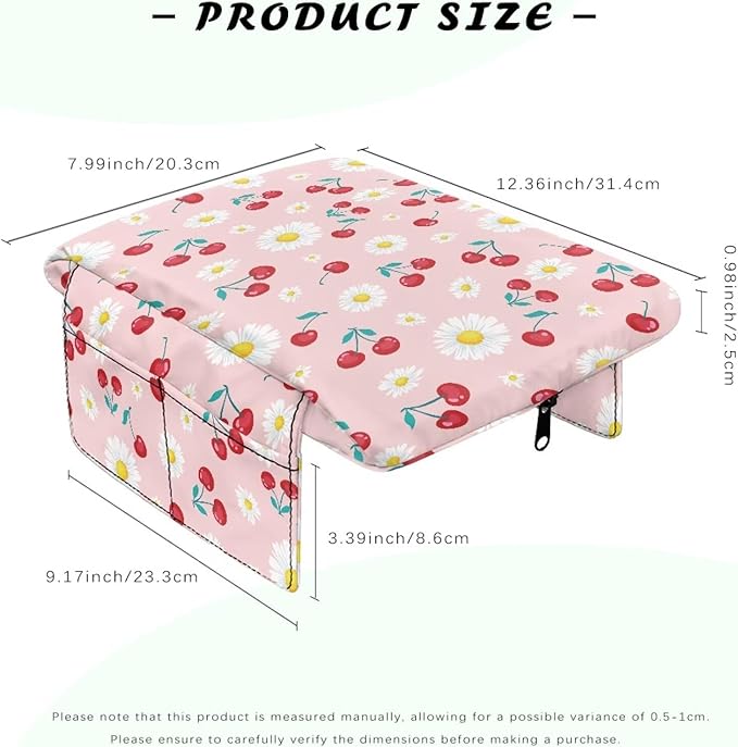 Dreaweet Car Console Covers with Pockets Pink Arm Rest Cover for Car Women Thick Car Armrest Cushion Pad Cute White Daisy Cherry Print Car Accessories for Women