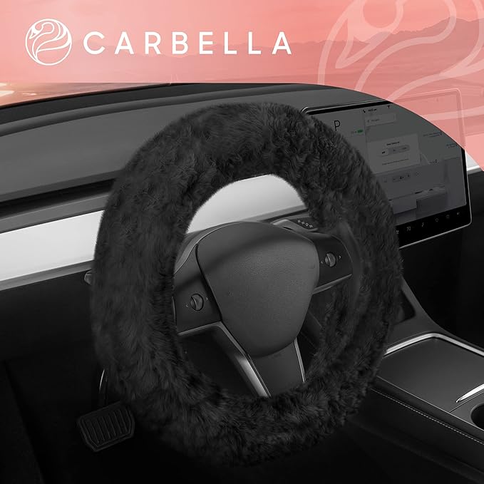Carbella Aspen Black Fuzzy Steering Wheel Cover for Women – Cute and Stylish Fluffy Fur Steering Wheel Cover for Cars Trucks Vans SUVs, Universal Fit for Wheel Sizes 14.5 to 15.5 inches