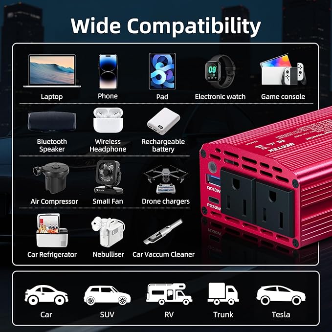 Bestek 400W Car Power Inverter for Vehicles – DC 12v to AC 110v Car Plug Adapter Outlet with PD 30W USB-C &USB-A 3.0 Fast Charging, Car Charger Cigarette Lighter Adapter for Laptop, Road Trip, Camping