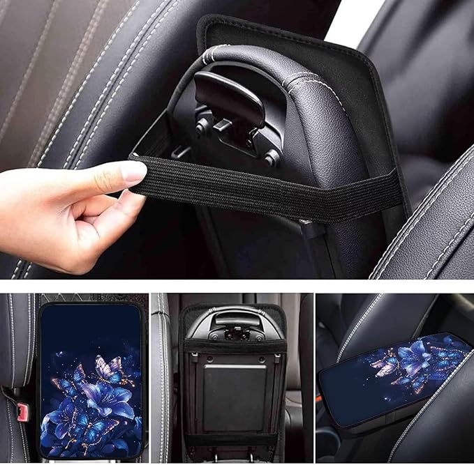 Blue Purple Butterfly Car Armrest Storage Box Mat Car Center Console Cover Car Armrest Seat Box Cover for Most Vehicle, SUV, Truck Car Decors