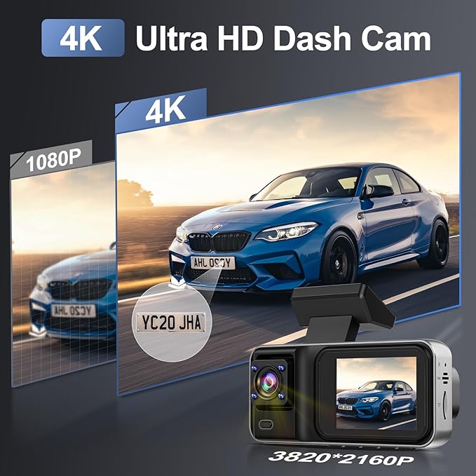 4K 3 Channel Dash Cam with 64GB Card, 4K+1080P+1440P Dash Cam Front and Rear Inside, Dash Camera for Cars with Motion Detection, 24H Parking Mode, Super Night Vision, Loop Recording