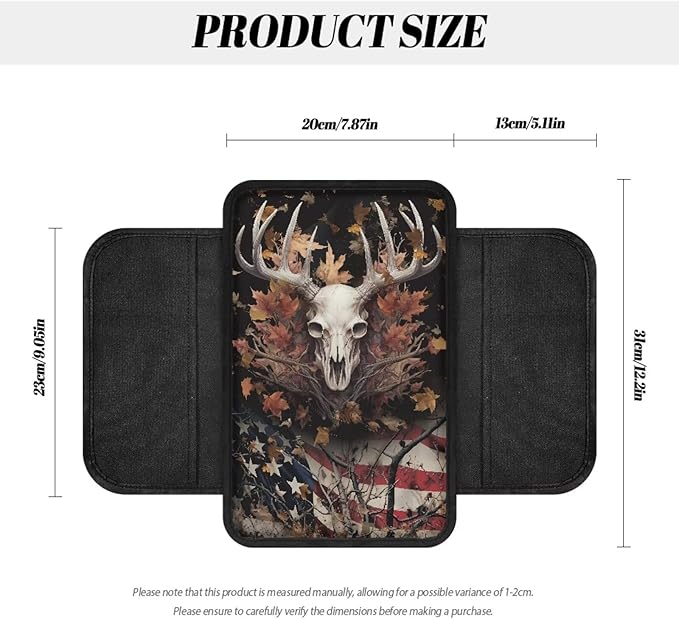 Deer US Flag Leaf Pattern Car Center Console Cover with Side Pockets Non-Slip Vehicle Armrest Cover Pad Comfortable Car Armrest Storage Box Mat Universal Fit for Cars Sedan Truck SUV