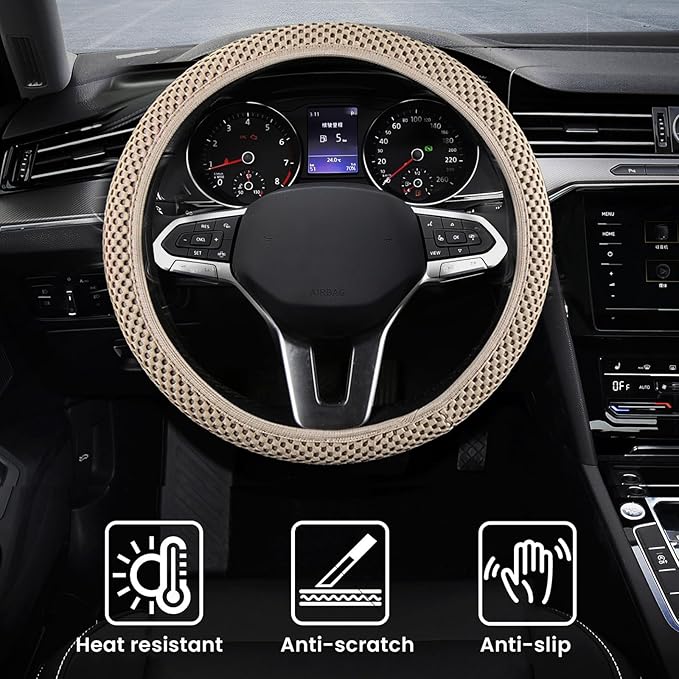 Elastic Stretch Car Steering Wheel Cover, Comfortable Steering Wheel Cover Universal for 14.5-15 Inch, Warm in Winter & Cool in Summer, Anti-Slip Breathable Ice Silk (Beige)