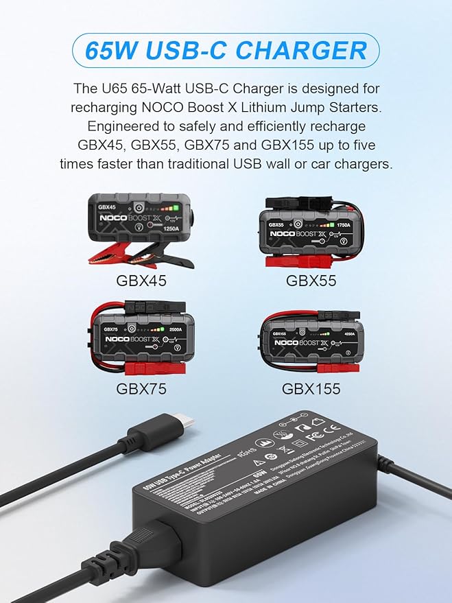 65W USB C AC Power Adapter Charger for NOCO Boost X Series GBX45 GBX55 GBX75 GBX155 Portable Jump Starter Power Supply Cord