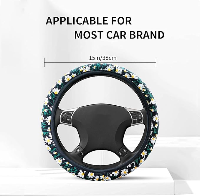Embroidered Flowers Black Cute Daisy Steering Wheel Cover Auto Anti-Slip Breathable Steering Wheel Protector,Floral Car Accessories for Women,Universal Size Fit Most Cars -15 inch