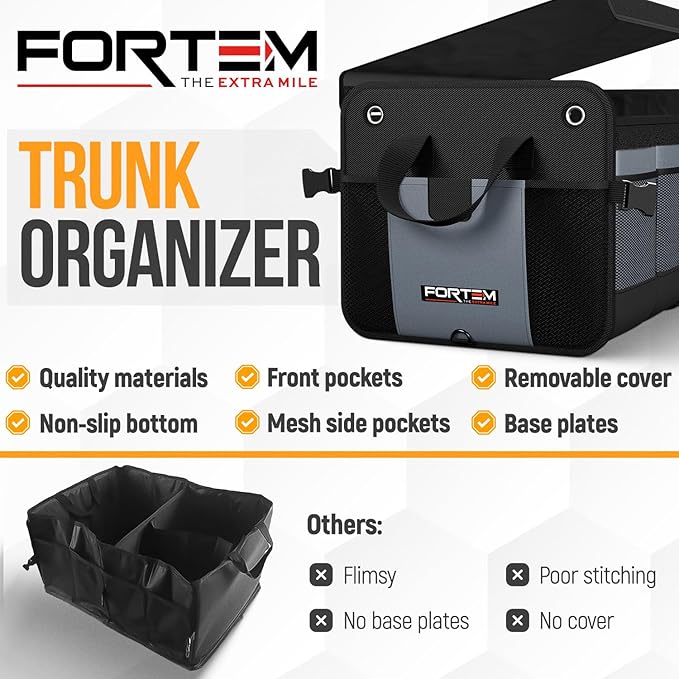 FORTEM Trunk Organizer For SUV Car Organizer and Storage, Multi-Compartment Storage Bag Car Accessories for Women Men, Perfect Christmas Gifts, 1680D Oxford, Non Slip Bottom, Straps, Soft Cover (50L)