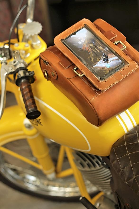 Trip Machine Magnetic Motorcycle Phone Pouch – Touchscreen Compatible Fuel Tank Phone Holder with Strong Magnets & Ventilated Back – (21 x 12 cm) (Vintage Tan)