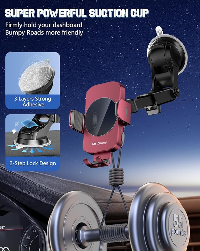 BothLin Wireless Car Charger, Fast Charging Phone Holder 3 in 1 Phone Mount Auto Clamping Car Accessories Compatible with iPhone 17 16 15 14 13 12 11 Xs XR, Samsung S23 Ultra S22 S21 S20(Deep Red)