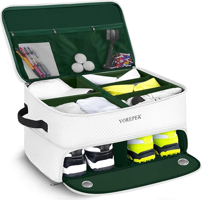 YOREPEK 2 Layer Golf Trunk Organizer, Golf Gifts for Men with Separate Ventilated Compartment for 2 Pair Shoes, Waterproof Car Trunk Locker for Balls, Tees, Clothes, Gloves, Gifts for Golfers