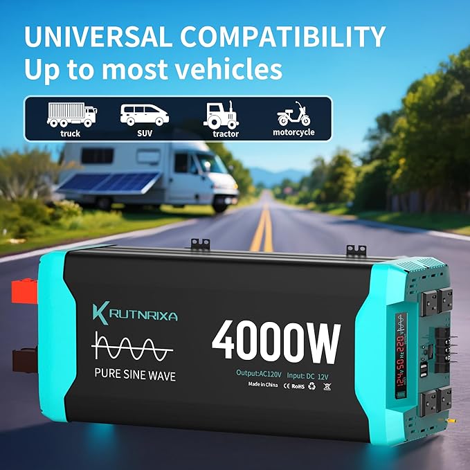 4000W Pure Sine Wave Inverter Peak 8000w 12V DC to 120V AC for RV, Truck, Off-Grid, Home, Solar Car Power Inverter with Dual AC Hardwire Port, 20A Socket, 5V 2.1A USB