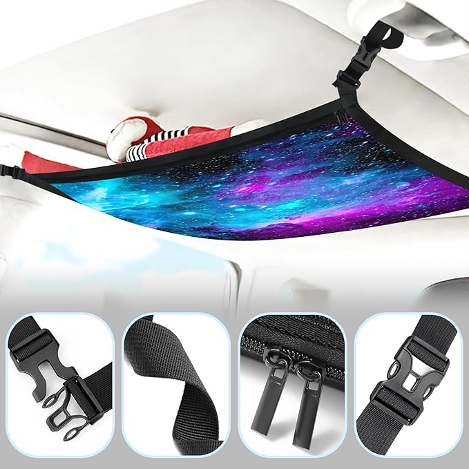 Galaxy Car Storage Mesh Organizer Ceiling Cargo Net Double-Layer Adjustable Zipper Truck SUVs Travel Road Trip Essentials etc. Interior Organizer