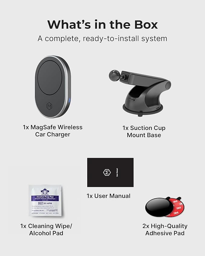 MagSafe Wireless Car Charger Suction Cup Mount for Compatible with iPhone 14/15/16/17/Galax (Version 2.0) 360° Rotation, Canadian Company Magnetic Car Phone Holder Charger, Car Gifts for Men/Women