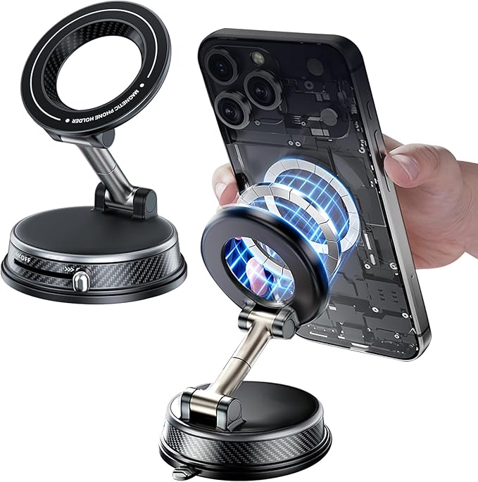 Magnetic Car Phone Holder, 360°Adjustable Vacuum Dashboard and Windshield Mount Magsafe Cell Phone Holders for Your Car, Carbon Fiber 108+LBS Nano Gel Suction Cup, iPhone, Samsung (Silver)