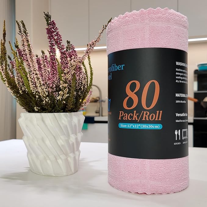 Ferdilan 80 Pack Microfiber Cleaning Cloth Roll,Lint Free Rags Paper Towels & Tear Away Reusable Towels,Washable Shop Rags,Wash Cloths Dish Rags(12" x 12") for Car Kitchen Window Garage-Pink