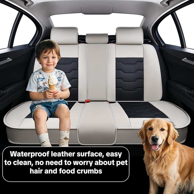 Gray Car Seat Covers Complete Set, Universal Car Seat Covers for Cars, Premium Waterproof Leather, Protect & Upgrade Car Interiors, Airbag Compatible, Easy to Install & Clean Up