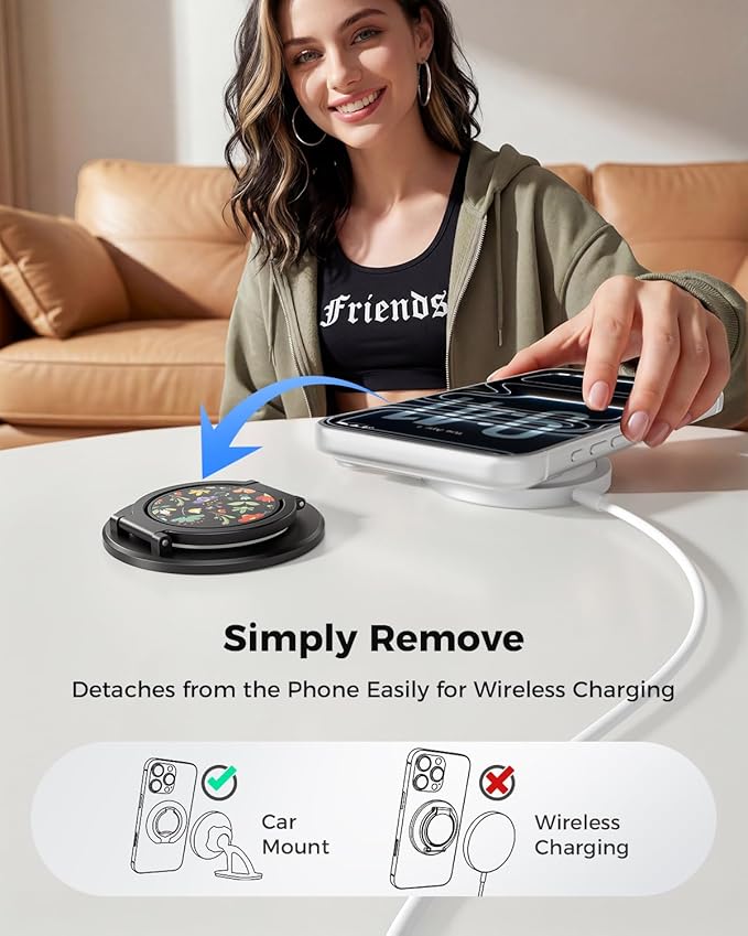 SUPERONE Dual-Side Magnetic Ring Holder, Ideal Gift Gym Phone Grip Kickstand with Cute Pattern for iPhone 17/16/15/14/13/12/ Series, Magsafe Case & Mag Car Mounts, Magnet Ring Included for All Phones