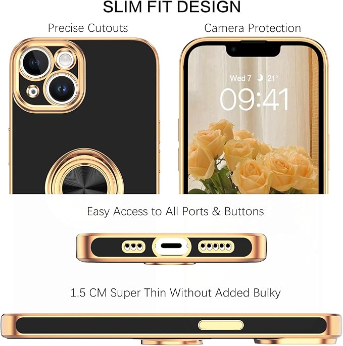 VENINGO iPhone 14 Case,Phone Case for iPhone 14,Slim Fit Soft 360° Ring Holder Kickstand Magnetic Car Mount Supported Easy Clean Shockproof Protective Cover for iPhone 14 6.1" 2022, Black/Golden